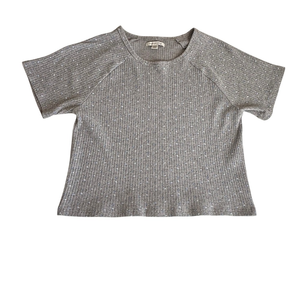 American Eagle Gray Ribbed Floral Ditsy Print Raglan Short Sleeve T-Shirt XL